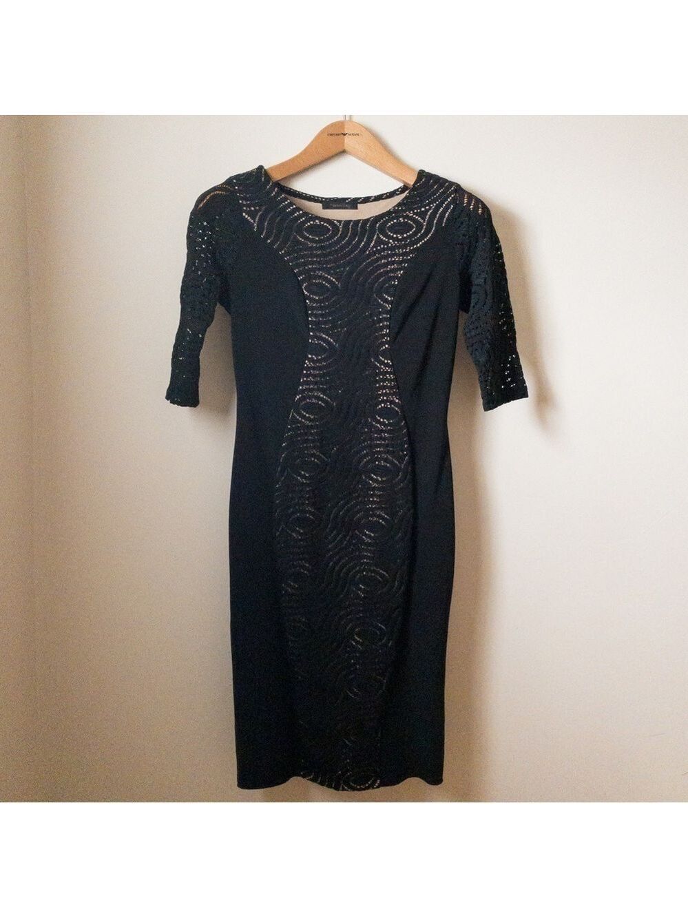 Nadya Toto Bodycon Dress Black Lace Knit Midi Length Womens Size Medium Stretchy